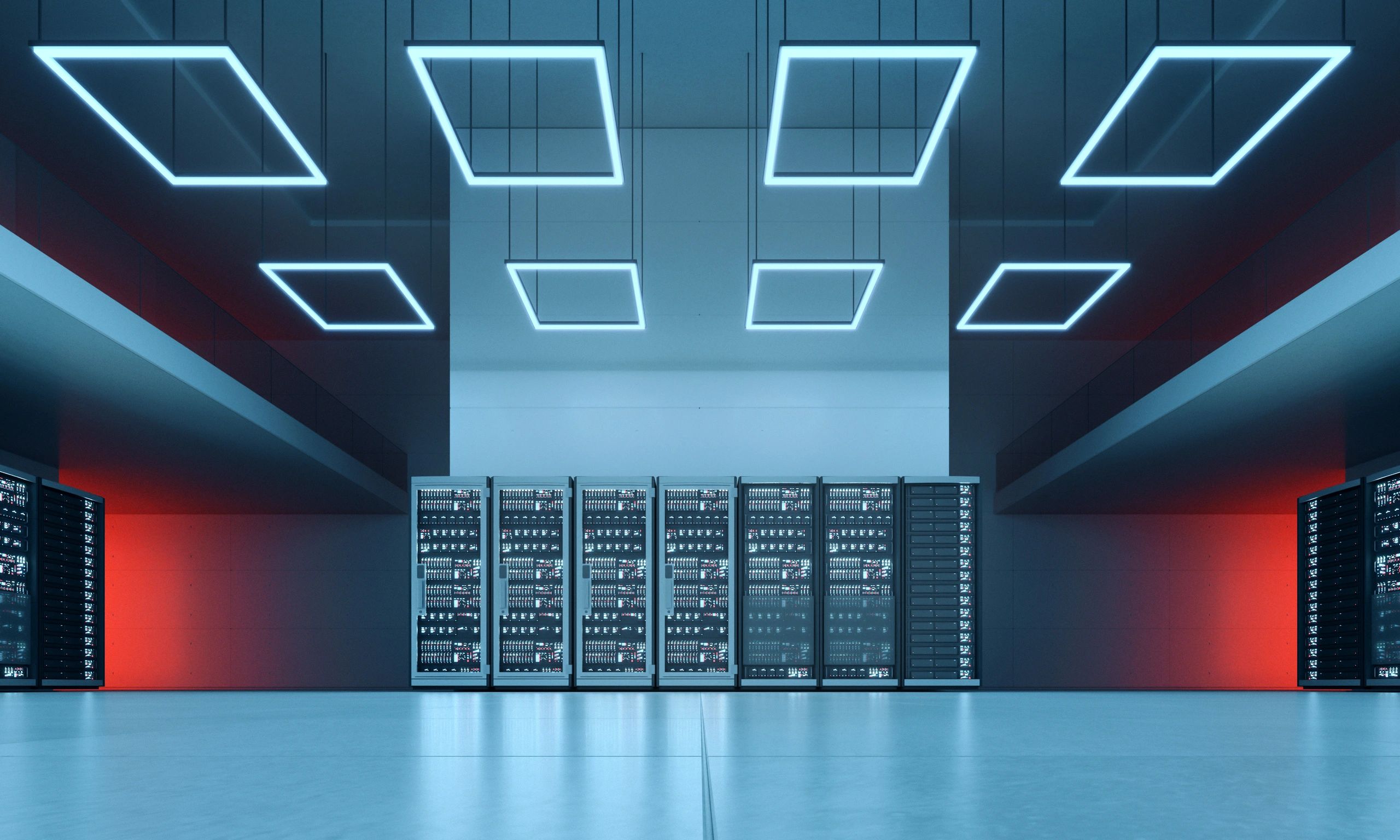 Futuristic data center with glowing server racks
