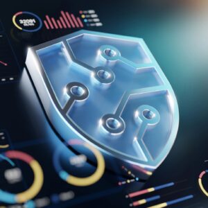 Cybersecurity Shield Over Digital Dashboard: Futuristic Data Protection And Analytics Concept