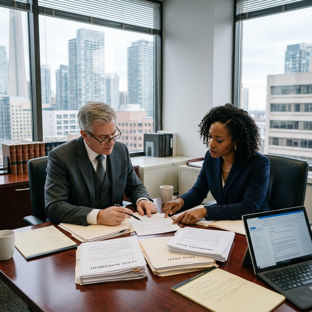 Two legal professionals reviewing documents at an office table