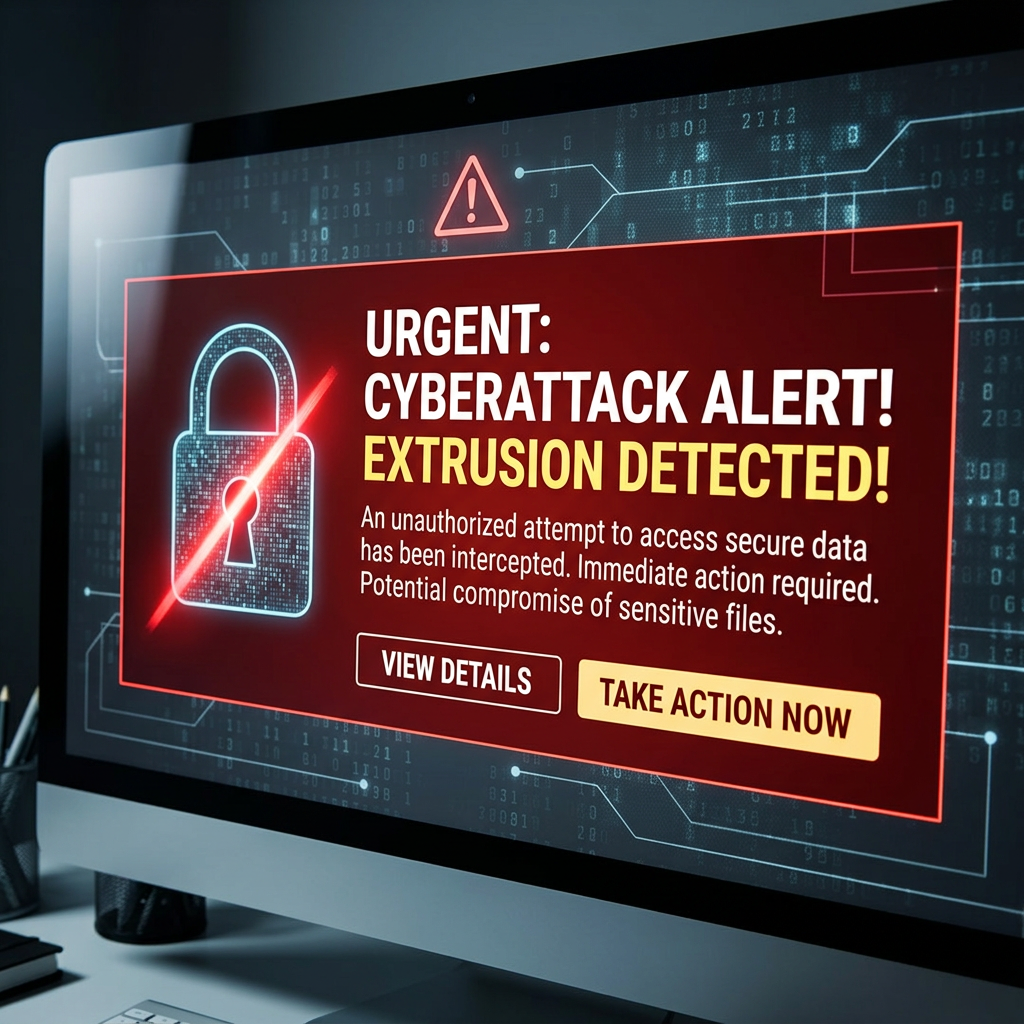 Monitor displaying “URGENT: CYBERATTACK ALERT! EXTRUSION DETECTED!” with security warning text and action buttons.