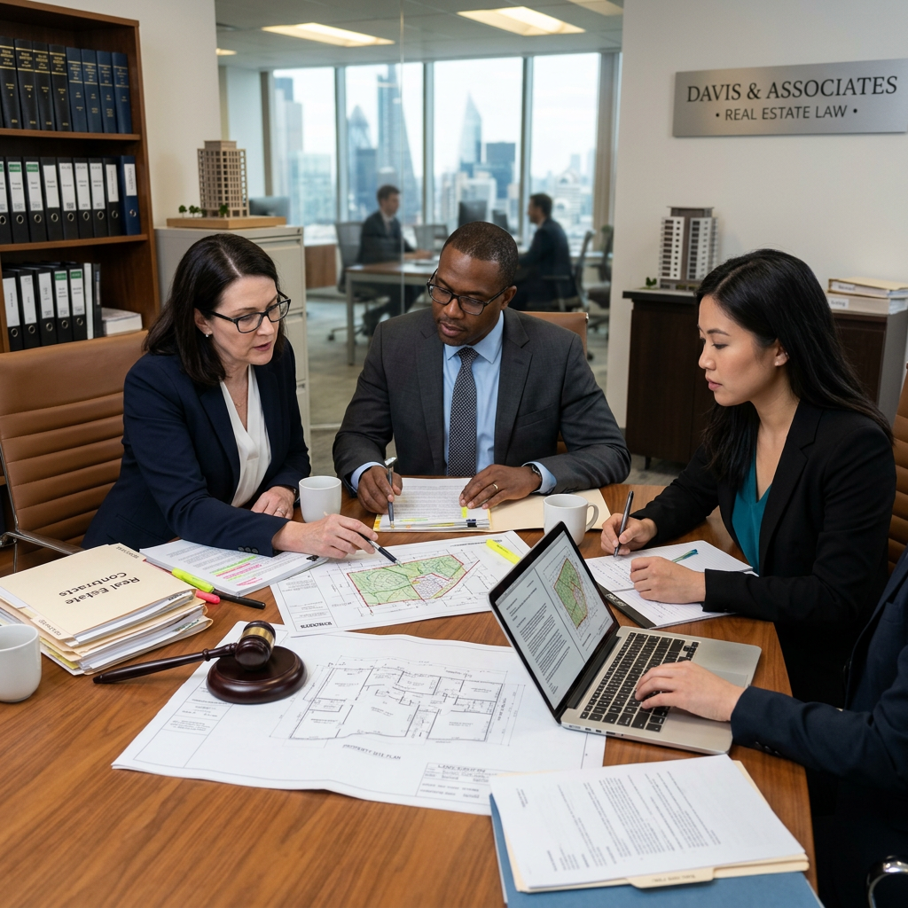 Three attorneys reviewing property plans and legal documents around a conference table